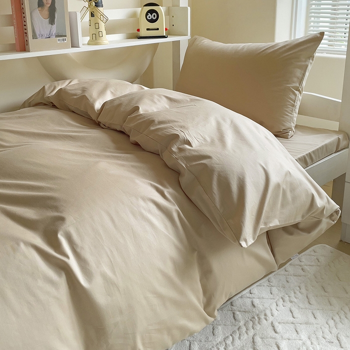 91家纺网 家纺一手货源 找家纺 泽西家纺+V17798841158发大图 2025新款A类全棉简约风大学生宿舍双拼纯色纯棉三件套 卡其