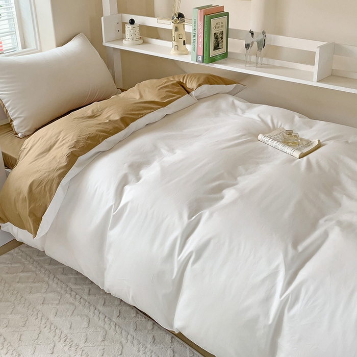 91家纺网 家纺一手货源 找家纺 泽西家纺+V17798841158发大图 2025新款A类全棉简约风大学生宿舍双拼纯色纯棉三件套 露白+焦糖