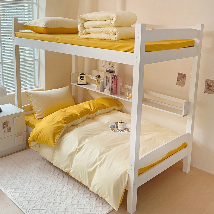 91家纺网 家纺一手货源 找家纺 泽西家纺+V17798841158发大图 2025新款A类全棉简约风大学生宿舍双拼纯色纯棉三件套 米黄+亮黄