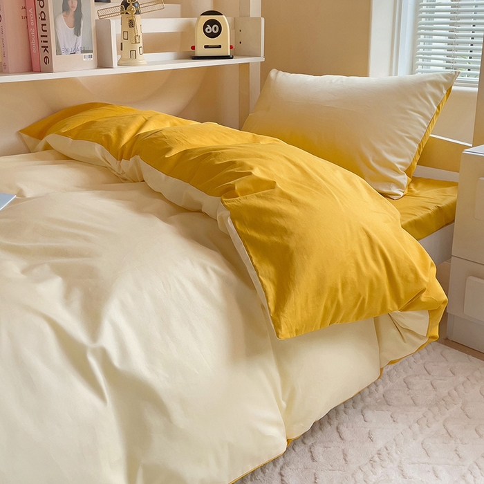 91家纺网 家纺一手货源 找家纺 泽西家纺+V17798841158发大图 2025新款A类全棉简约风大学生宿舍双拼纯色纯棉三件套 米黄+亮黄