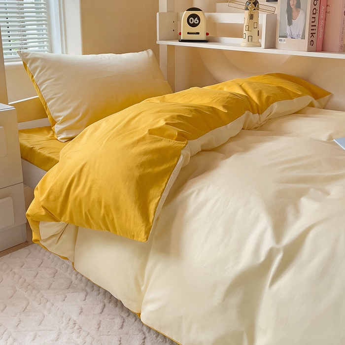 91家纺网 家纺一手货源 找家纺 泽西家纺+V17798841158发大图 2025新款A类全棉简约风大学生宿舍双拼纯色纯棉三件套 米黄+亮黄