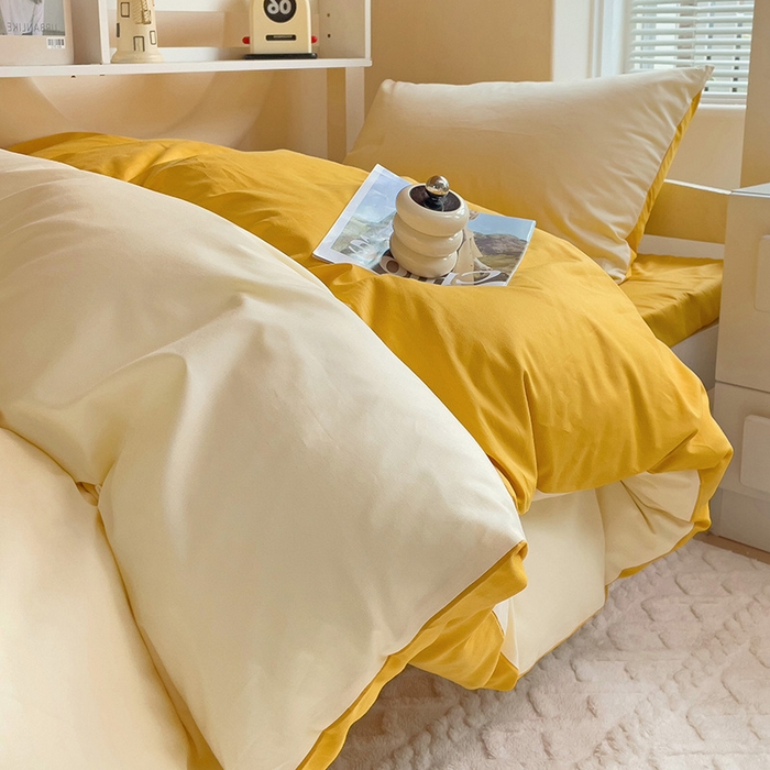 91家纺网 家纺一手货源 找家纺 泽西家纺+V17798841158发大图 2025新款A类全棉简约风大学生宿舍双拼纯色纯棉三件套 米黄+亮黄