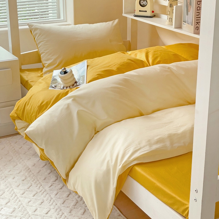 91家纺网 家纺一手货源 找家纺 泽西家纺+V17798841158发大图 2025新款A类全棉简约风大学生宿舍双拼纯色纯棉三件套 米黄+亮黄