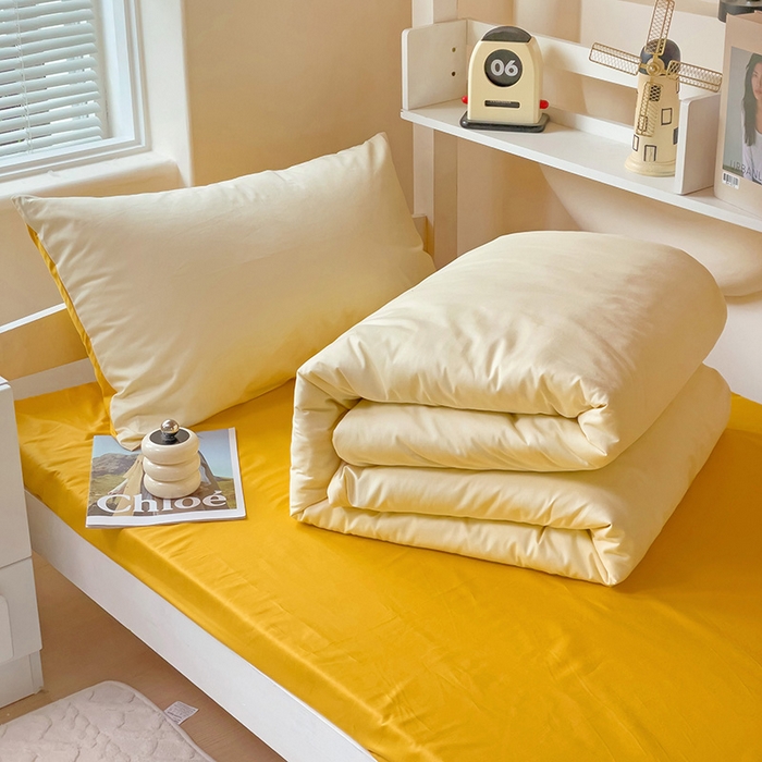 91家纺网 家纺一手货源 找家纺 泽西家纺+V17798841158发大图 2025新款A类全棉简约风大学生宿舍双拼纯色纯棉三件套 米黄+亮黄