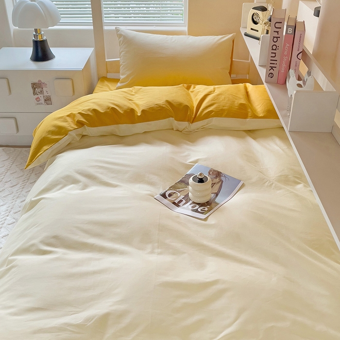 91家纺网 家纺一手货源 找家纺 泽西家纺+V17798841158发大图 2025新款A类全棉简约风大学生宿舍双拼纯色纯棉三件套 米黄+亮黄