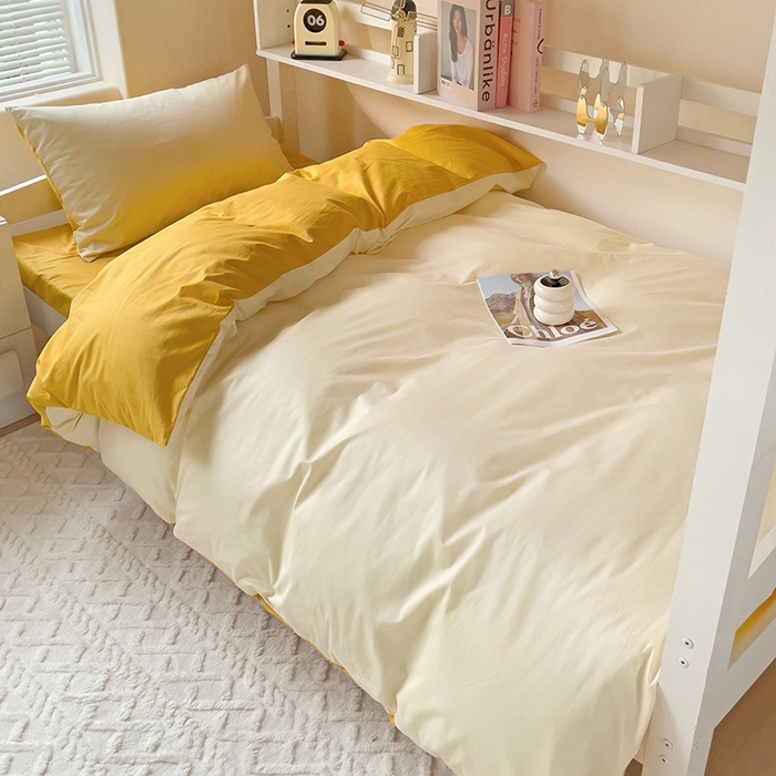 91家纺网 家纺一手货源 找家纺 泽西家纺+V17798841158发大图 2025新款A类全棉简约风大学生宿舍双拼纯色纯棉三件套 米黄+亮黄