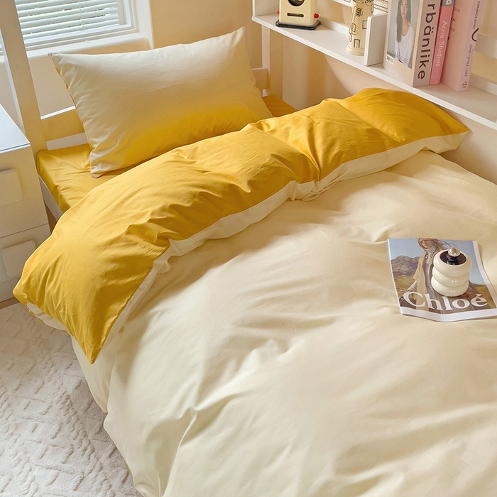 91家纺网 家纺一手货源 找家纺 泽西家纺+V17798841158发大图 2025新款A类全棉简约风大学生宿舍双拼纯色纯棉三件套 米黄+亮黄