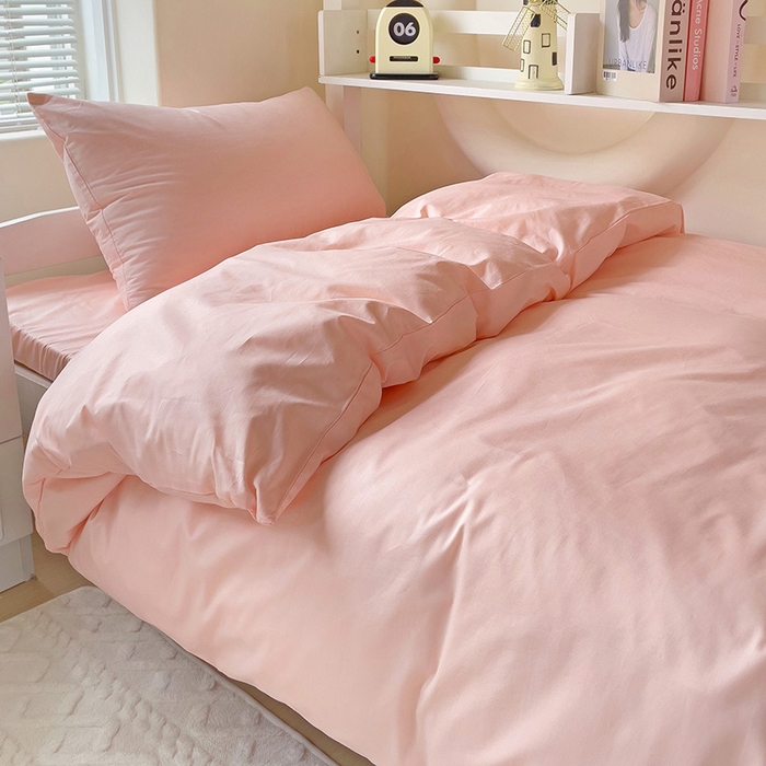 91家纺网 家纺一手货源 找家纺 泽西家纺+V17798841158发大图 2025新款A类全棉简约风大学生宿舍双拼纯色纯棉三件套 奶油粉