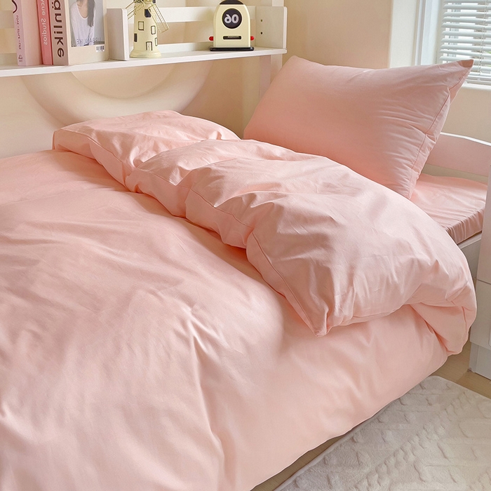 91家纺网 家纺一手货源 找家纺 泽西家纺+V17798841158发大图 2025新款A类全棉简约风大学生宿舍双拼纯色纯棉三件套 奶油粉