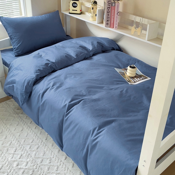 91家纺网 家纺一手货源 找家纺 泽西家纺+V17798841158发大图 2025新款A类全棉简约风大学生宿舍双拼纯色纯棉三件套 牛仔蓝