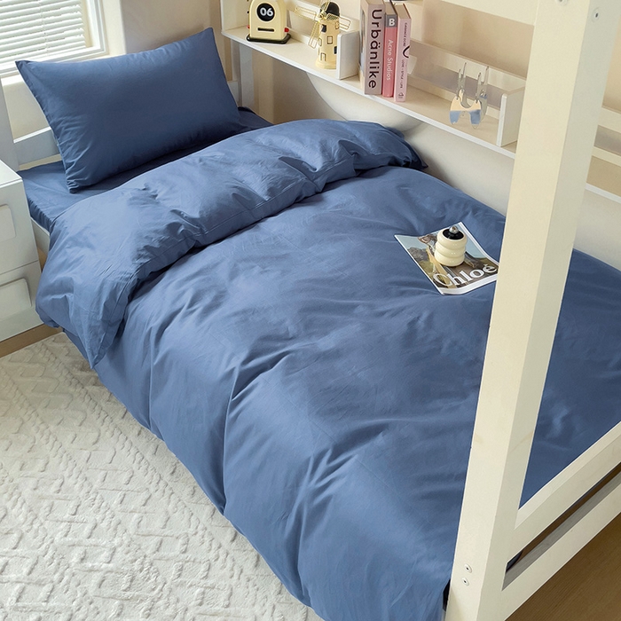 91家纺网 家纺一手货源 找家纺 泽西家纺+V17798841158发大图 2025新款A类全棉简约风大学生宿舍双拼纯色纯棉三件套 牛仔蓝