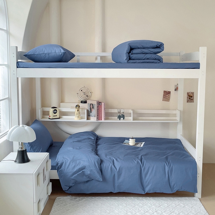 91家纺网 家纺一手货源 找家纺 泽西家纺+V17798841158发大图 2025新款A类全棉简约风大学生宿舍双拼纯色纯棉三件套 牛仔蓝