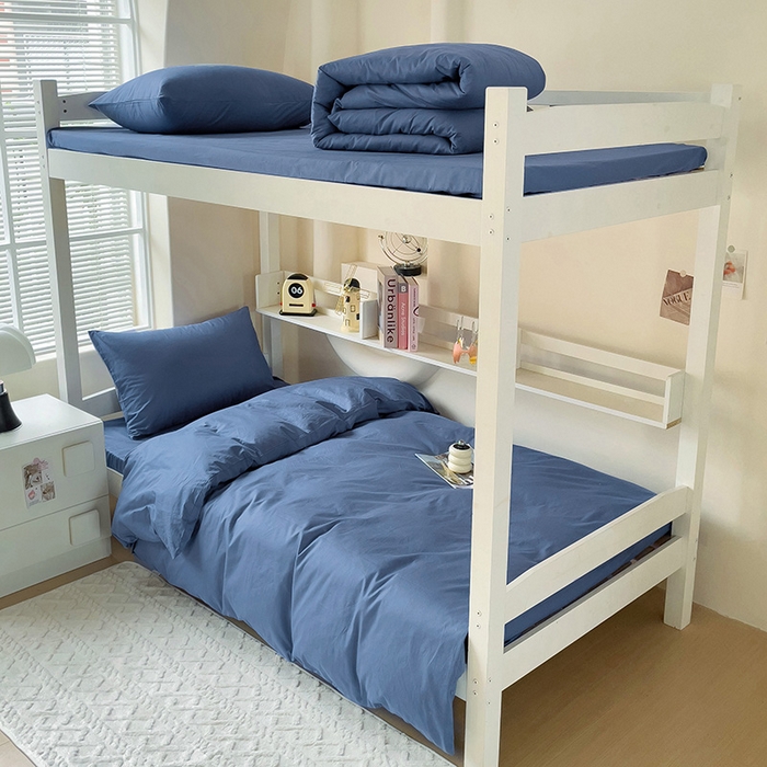 91家纺网 家纺一手货源 找家纺 泽西家纺+V17798841158发大图 2025新款A类全棉简约风大学生宿舍双拼纯色纯棉三件套 牛仔蓝