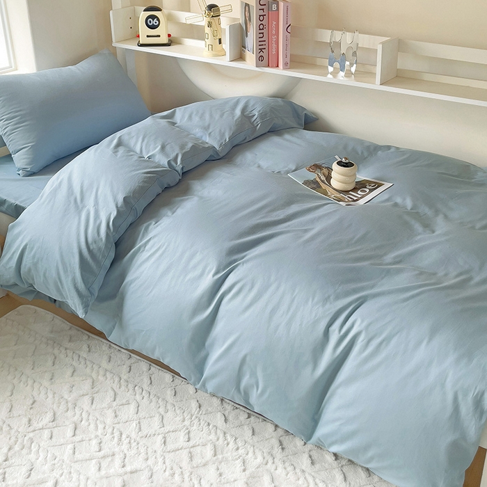 91家纺网 家纺一手货源 找家纺 泽西家纺+V17798841158发大图 2025新款A类全棉简约风大学生宿舍双拼纯色纯棉三件套 雾蓝