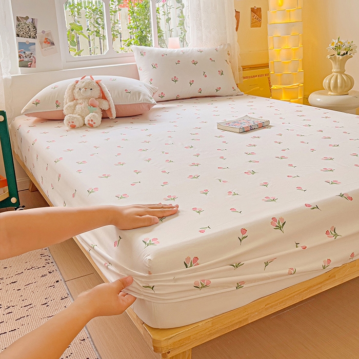 91家纺网 家纺一手货源 找家纺 朵朵家纺  2025新款超柔水洗棉印花单床笠 郁金香