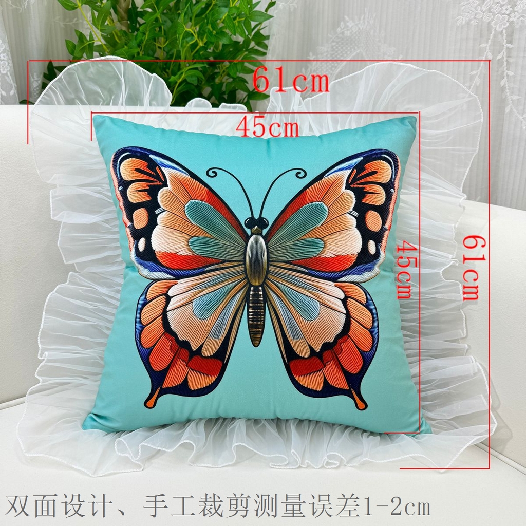 爱家居 2025新款荷兰绒双面数码印花蕾丝款蝴蝶系列抱枕 蓝蝴蝶—方枕