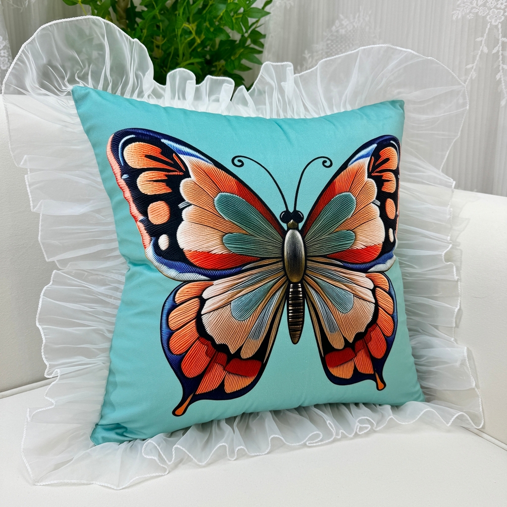 91家纺网 家纺一手货源 找家纺 爱家居 2025新款荷兰绒双面数码印花蕾丝款蝴蝶系列抱枕 蓝蝴蝶—方枕