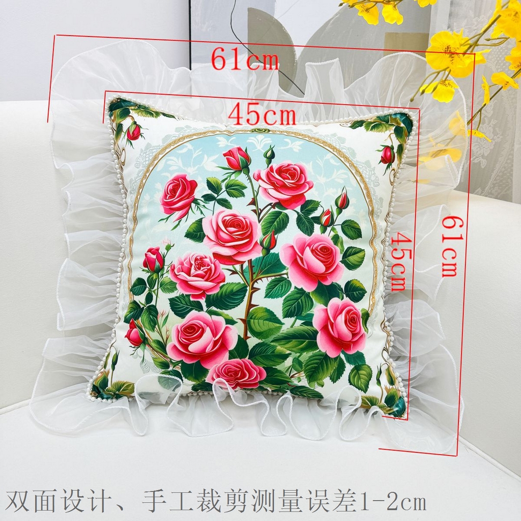 爱家居 2025新款荷兰绒双面数码印花蕾丝款蝴蝶系列抱枕 玫瑰庄园—方枕