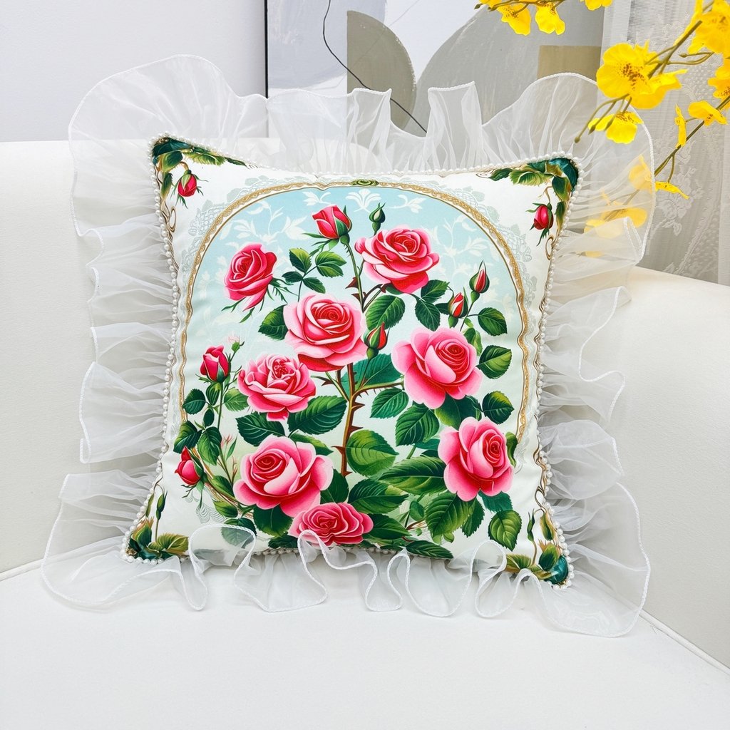 91家纺网 家纺一手货源 找家纺 爱家居 2025新款荷兰绒双面数码印花蕾丝款蝴蝶系列抱枕 玫瑰庄园—方枕