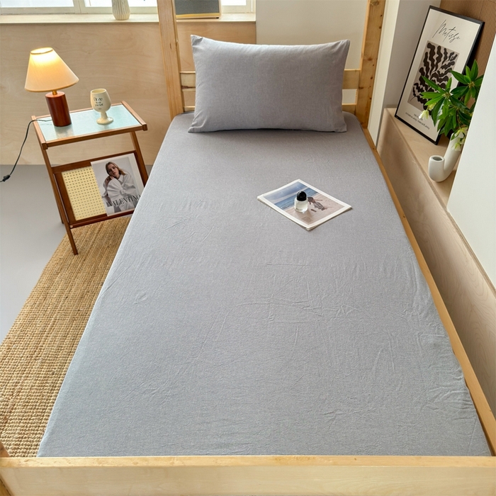 91家纺网 家纺一手货源 找家纺 北欧良品 2025新款色织水洗棉学生单品床笠+床单 纯棉-冰川灰