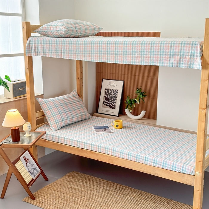 91家纺网 家纺一手货源 找家纺 北欧良品 2025新款色织水洗棉学生单品床笠+床单 纯棉-冰淇淋格