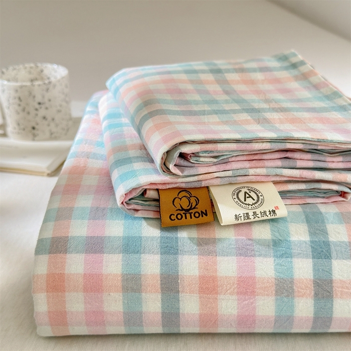 91家纺网 家纺一手货源 找家纺 北欧良品 2025新款色织水洗棉学生单品床笠+床单 纯棉-冰淇淋格