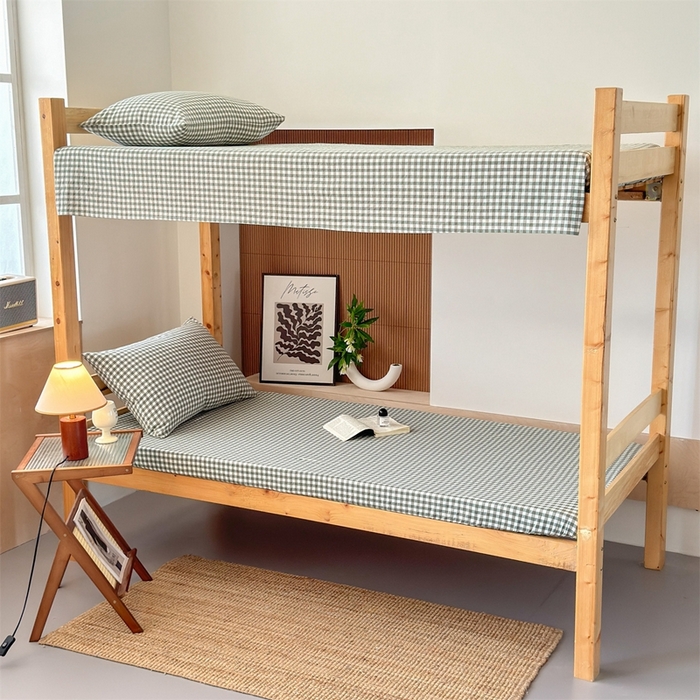 91家纺网 家纺一手货源 找家纺 北欧良品 2025新款色织水洗棉学生单品床笠+床单 纯棉-草绿小格