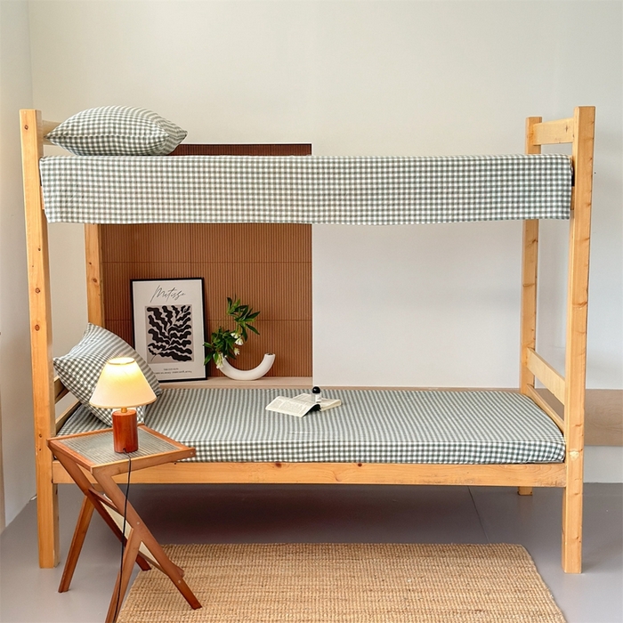 91家纺网 家纺一手货源 找家纺 北欧良品 2025新款色织水洗棉学生单品床笠+床单 纯棉-草绿小格