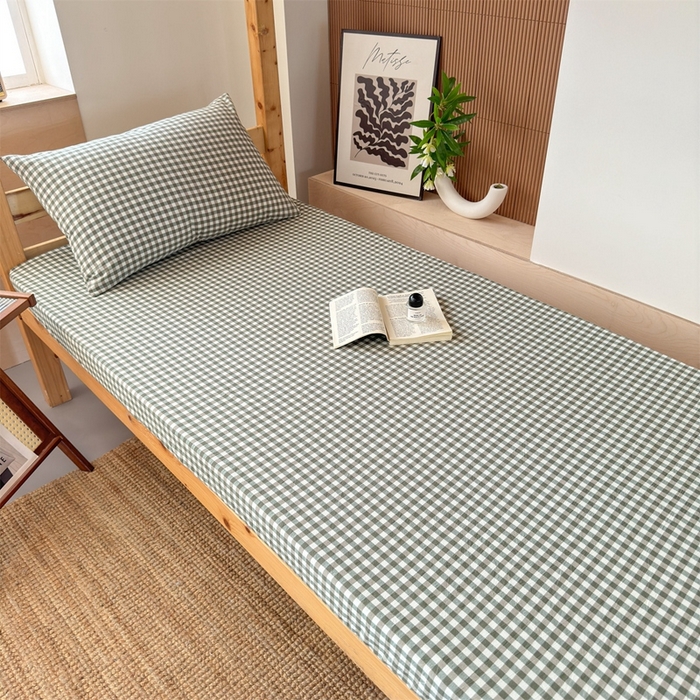 91家纺网 家纺一手货源 找家纺 北欧良品 2025新款色织水洗棉学生单品床笠+床单 纯棉-草绿小格