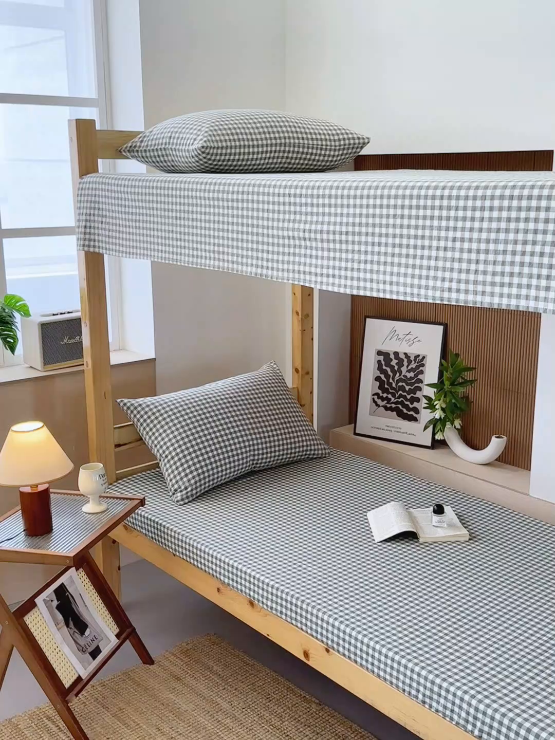 91家纺网 家纺一手货源 找家纺 北欧良品 2025新款色织水洗棉学生单品床笠+床单 纯棉-草绿小格