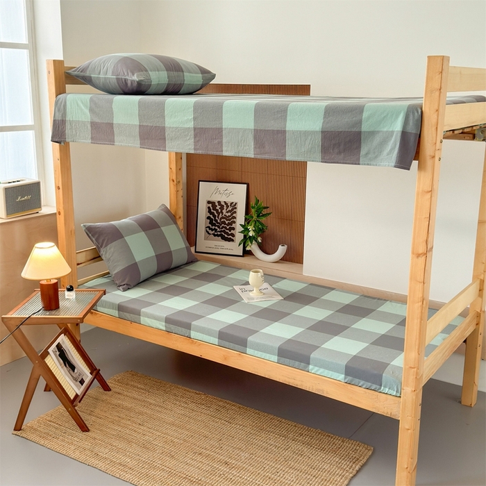 91家纺网 家纺一手货源 找家纺 北欧良品 2025新款色织水洗棉学生单品床笠+床单 纯棉-灰绿大格