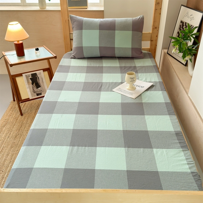 91家纺网 家纺一手货源 找家纺 北欧良品 2025新款色织水洗棉学生单品床笠+床单 纯棉-灰绿大格