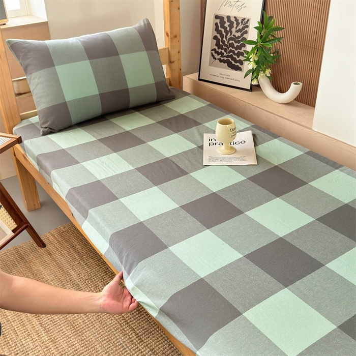 91家纺网 家纺一手货源 找家纺 北欧良品 2025新款色织水洗棉学生单品床笠+床单 纯棉-灰绿大格