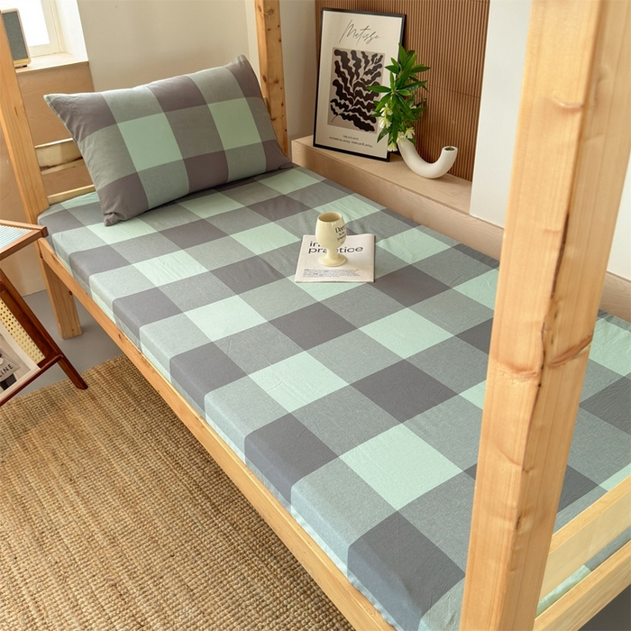 91家纺网 家纺一手货源 找家纺 北欧良品 2025新款色织水洗棉学生单品床笠+床单 纯棉-灰绿大格