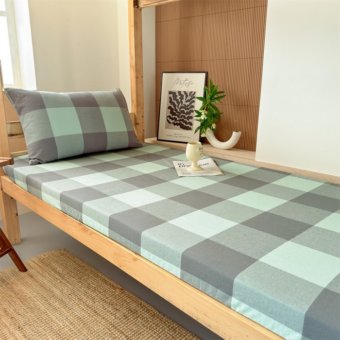 91家纺网 家纺一手货源 找家纺 北欧良品 2025新款色织水洗棉学生单品床笠+床单 纯棉-灰绿大格