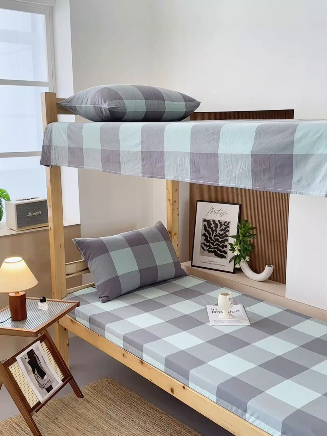 91家纺网 家纺一手货源 找家纺 北欧良品 2025新款色织水洗棉学生单品床笠+床单 纯棉-灰绿大格