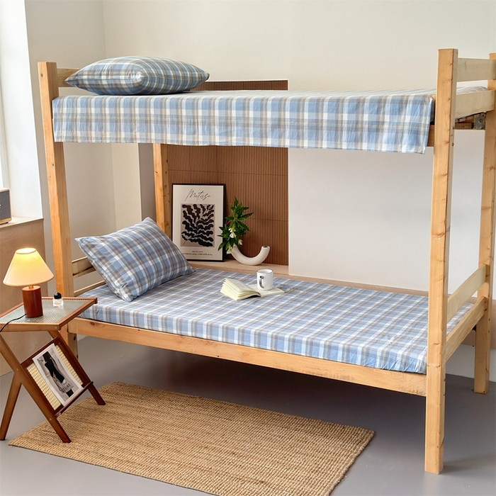 91家纺网 家纺一手货源 找家纺 北欧良品 2025新款色织水洗棉学生单品床笠+床单 纯棉-简兮蓝