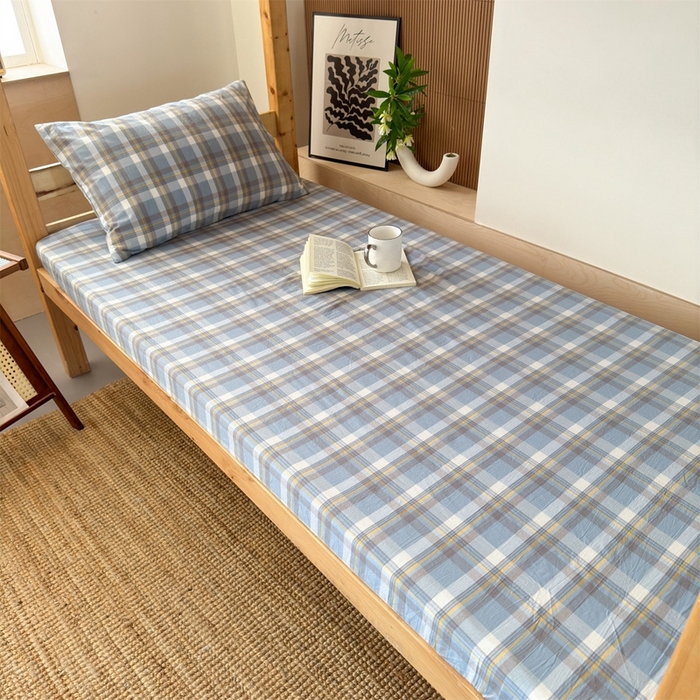 91家纺网 家纺一手货源 找家纺 北欧良品 2025新款色织水洗棉学生单品床笠+床单 纯棉-简兮蓝