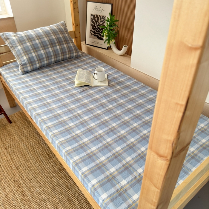 91家纺网 家纺一手货源 找家纺 北欧良品 2025新款色织水洗棉学生单品床笠+床单 纯棉-简兮蓝