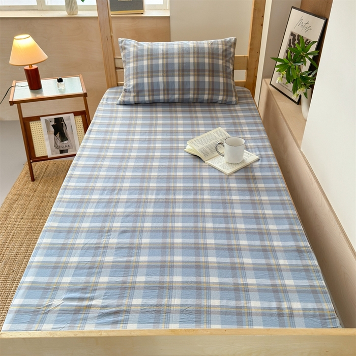 91家纺网 家纺一手货源 找家纺 北欧良品 2025新款色织水洗棉学生单品床笠+床单 纯棉-简兮蓝