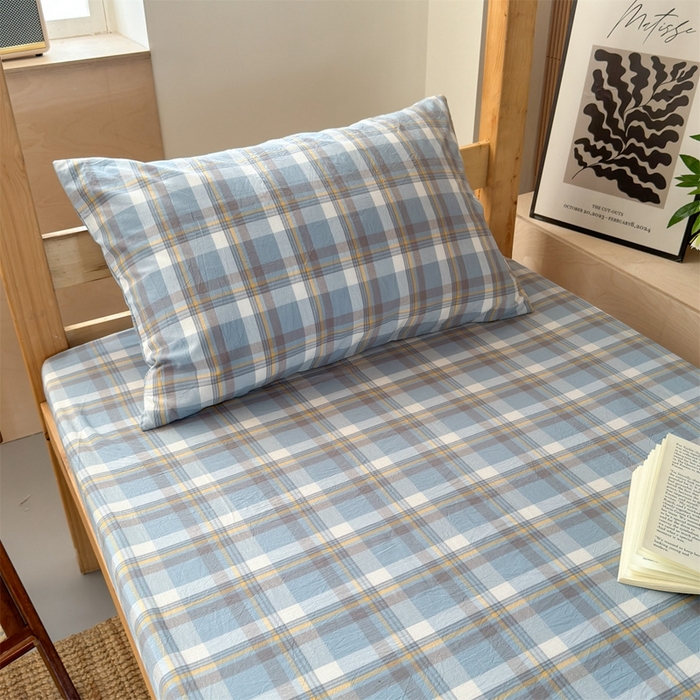 91家纺网 家纺一手货源 找家纺 北欧良品 2025新款色织水洗棉学生单品床笠+床单 纯棉-简兮蓝
