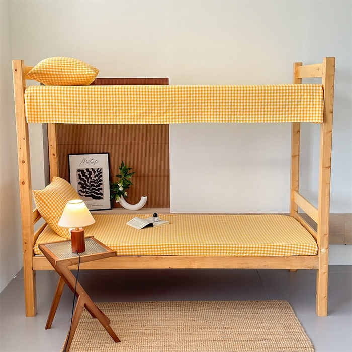 91家纺网 家纺一手货源 找家纺 北欧良品 2025新款色织水洗棉学生单品床笠+床单 纯棉-姜黄小格