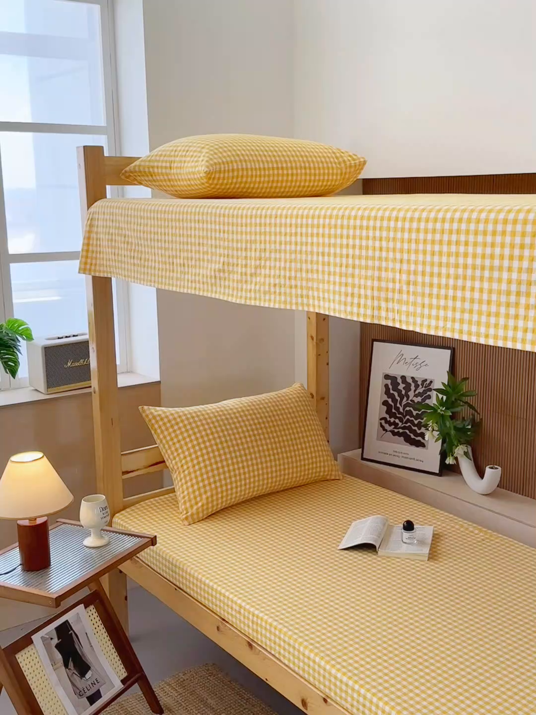 91家纺网 家纺一手货源 找家纺 北欧良品 2025新款色织水洗棉学生单品床笠+床单 纯棉-姜黄小格