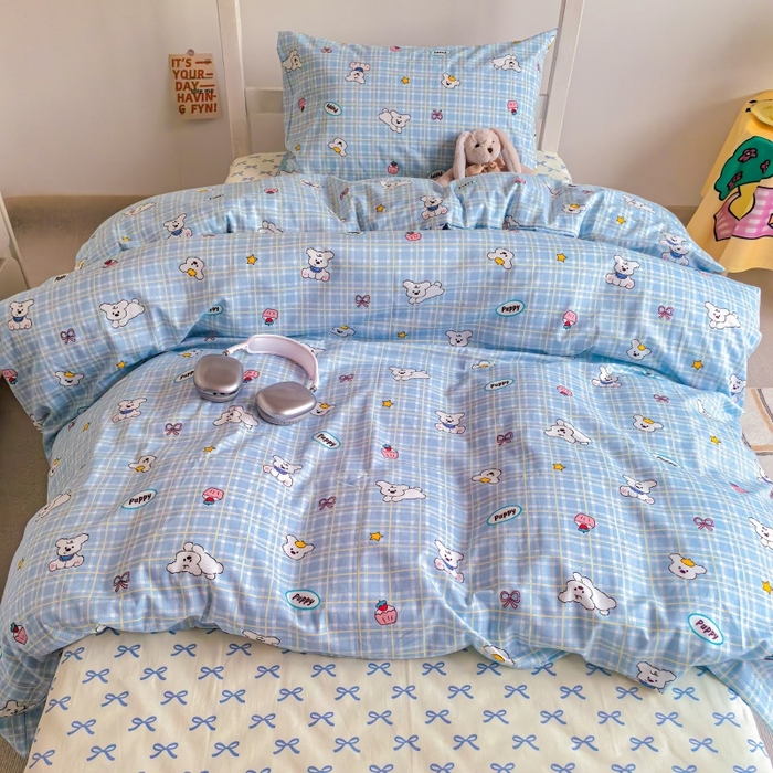 91家纺网 家纺一手货源 找家纺 锦彩家居 2025新款正宗13372全棉学生三件套全棉印花学生宿舍上下铺三件套（量大可定制价格可谈）提供买家秀 蓝格小白