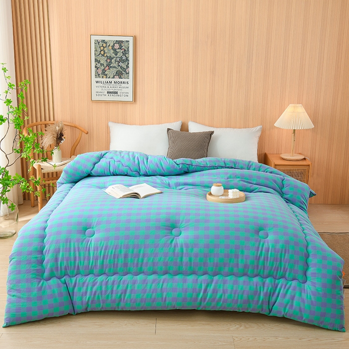 91家纺网 家纺一手货源 找家纺 易展2025新款无印水洗棉格子大豆冬被 湛靓蓝