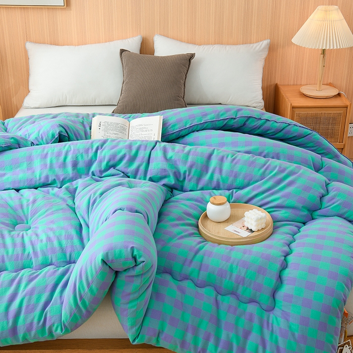 91家纺网 家纺一手货源 找家纺 易展2025新款无印水洗棉格子大豆冬被 湛靓蓝