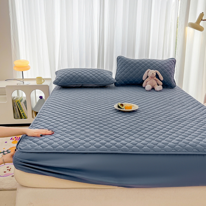 91家纺网 家纺一手货源 找家纺 欧邦 2025新款四季款纯色水洗棉夹棉床笠床垫保护罩 磨毛方格-藏蓝