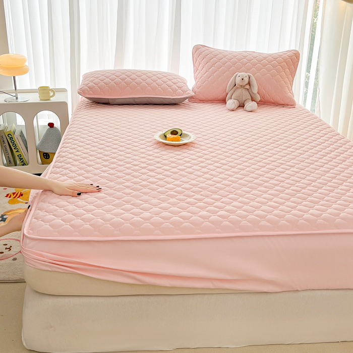 91家纺网 家纺一手货源 找家纺 欧邦 2025新款四季款纯色水洗棉夹棉床笠床垫保护罩 磨毛方格-粉玉