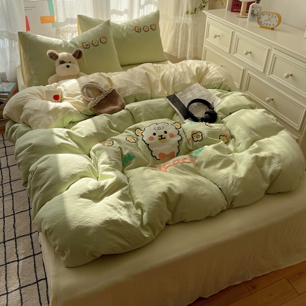 优兰朵 2025新款爆款宿舍可爱水洗棉毛巾绣四件套 青青小羊