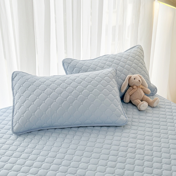 91家纺网 家纺一手货源 找家纺 欧邦 2025新款四季款纯色水洗棉夹棉床笠床垫保护罩 磨毛方格-天蓝